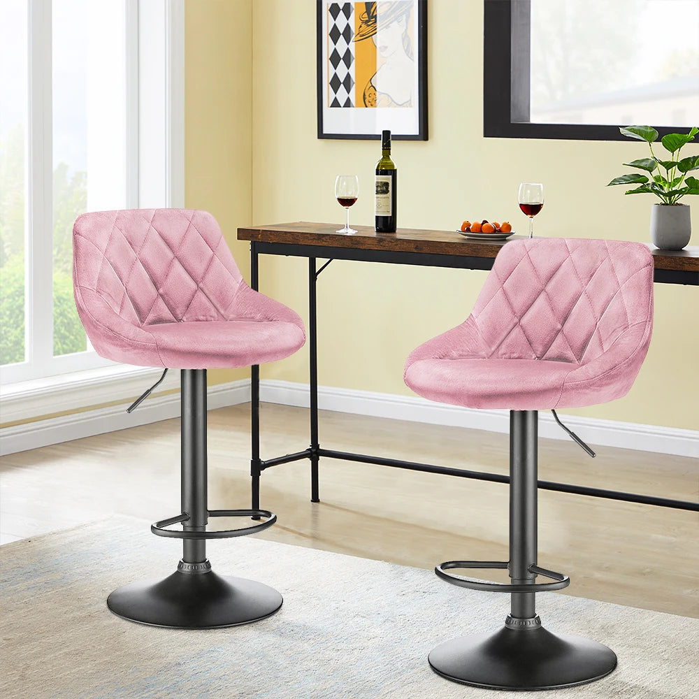 Set of 2 Swivel Velvet Bar Stools – Height Adjustable Chairs with Backrest