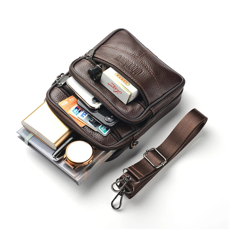 Men’s Genuine Leather Crossbody Bag – Retro Business Messenger Bag with Zipper Pockets