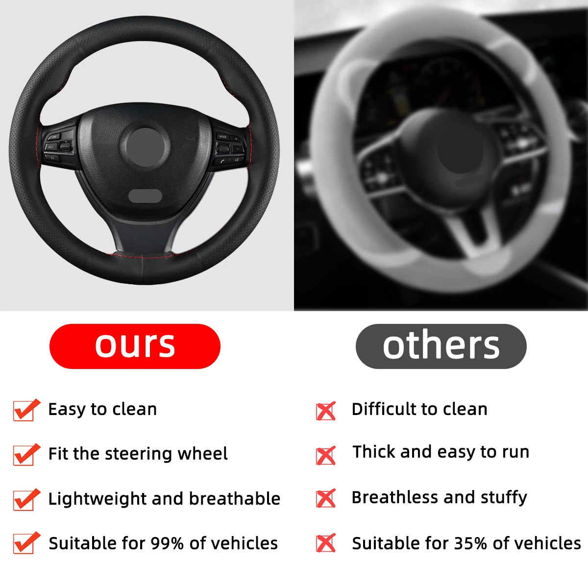 Universal Steering Wheel Cover 38cm (14”) – DIY Stitch-On Leather Wrap Anti-Slip