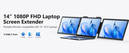 Amoudo 14” Dual Portable Monitor – FHD 1080P IPS Triple Screen for Laptops (USB-C)