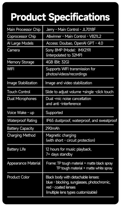 AI Smart Camera Glasses – Photo/Video Recording, Translation & Call Sunglasses (Waterproof)