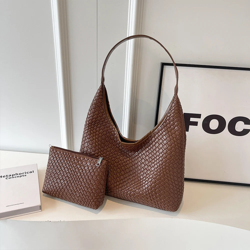 Stylish Women Large Shoulder Bag with Pouch Trendy PU Woven Tote Satchel Bag for Everyday Use and Shopping