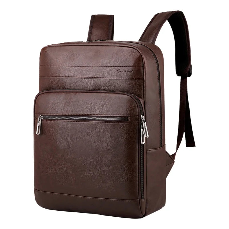 Men's Casual Leather Backpack Waterproof Travel Bag Business Commuting Style 14 Inch Laptop Capacity PU Leather Backpack