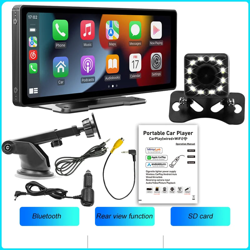 BQCC 10.26” Wireless CarPlay Screen – Portable Car Display with Rear Camera & Android Auto