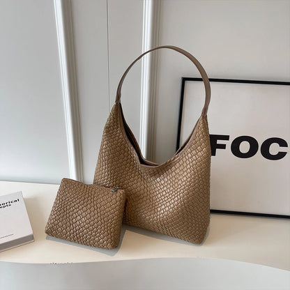 Stylish Women Large Shoulder Bag with Pouch Trendy PU Woven Tote Satchel Bag for Everyday Use and Shopping