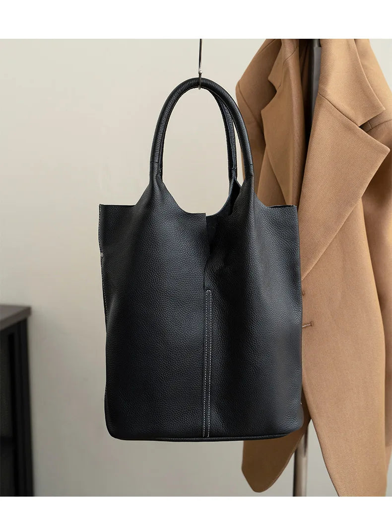 Genuine Leather Bucket Tote Bag – Luxury Cowhide Shoulder Shopper for Women