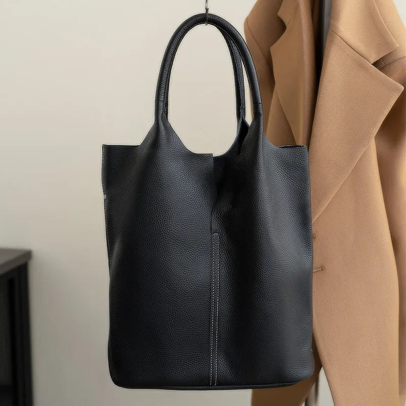 Genuine Leather Bucket Tote Bag – Luxury Cowhide Shoulder Shopper for Women