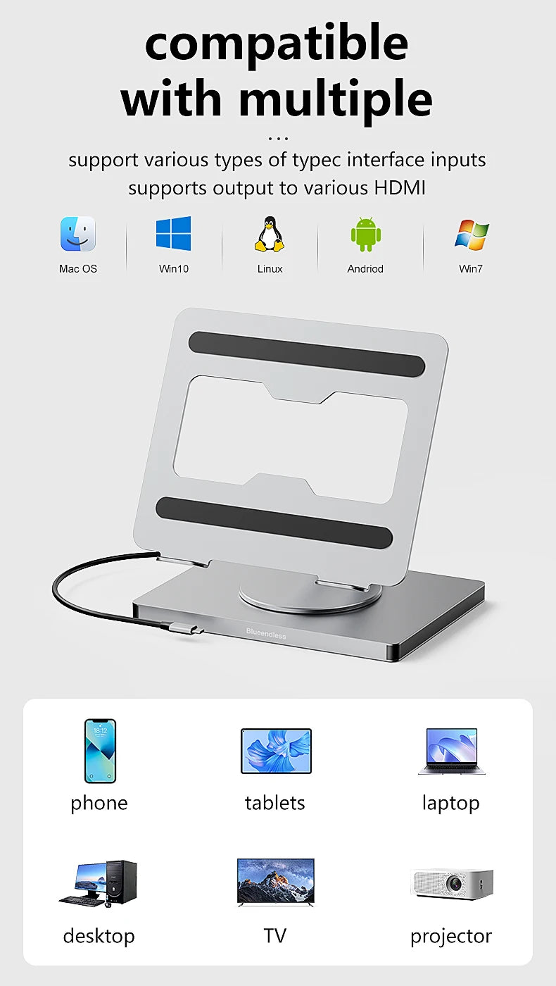 Blueendless 10-in-1 USB-C Hub & iPad Holder – 4K 60Hz Docking Station with 100W PD Charging