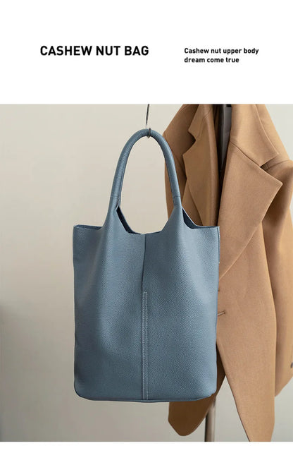 Genuine Leather Bucket Tote Bag – Luxury Cowhide Shoulder Shopper for Women