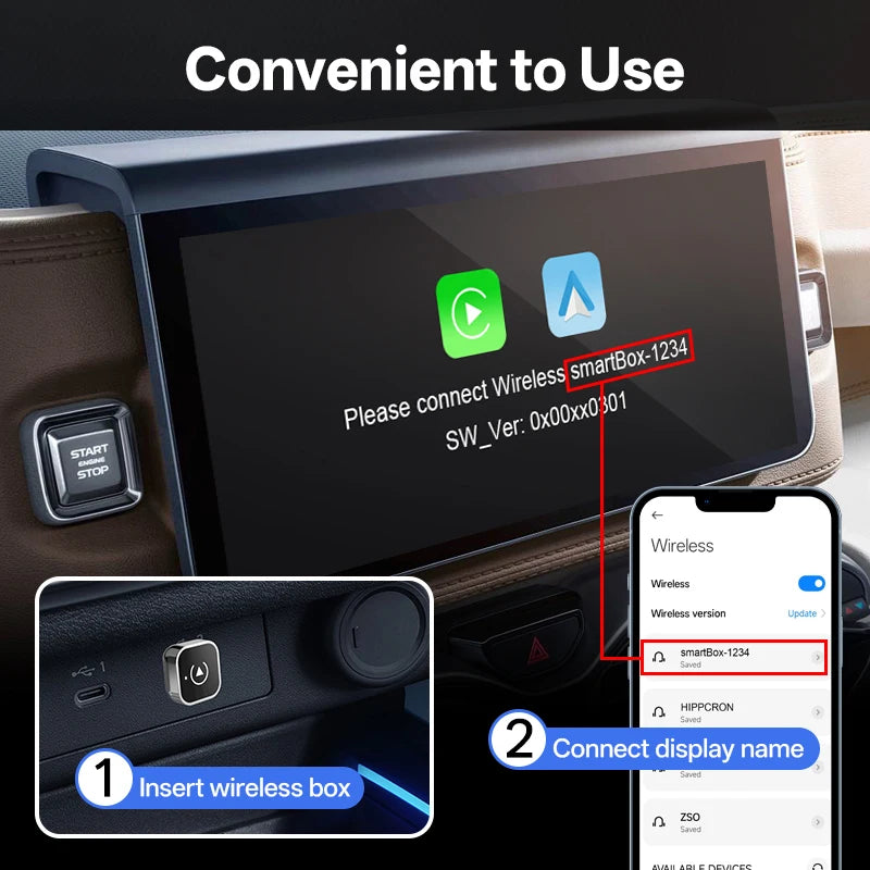 Hippcron 2in1 Wireless CarPlay Android Auto Mini Box Plug&Play Automatic Connection Compatible Bluetooth OTA Wifi For Car Radio