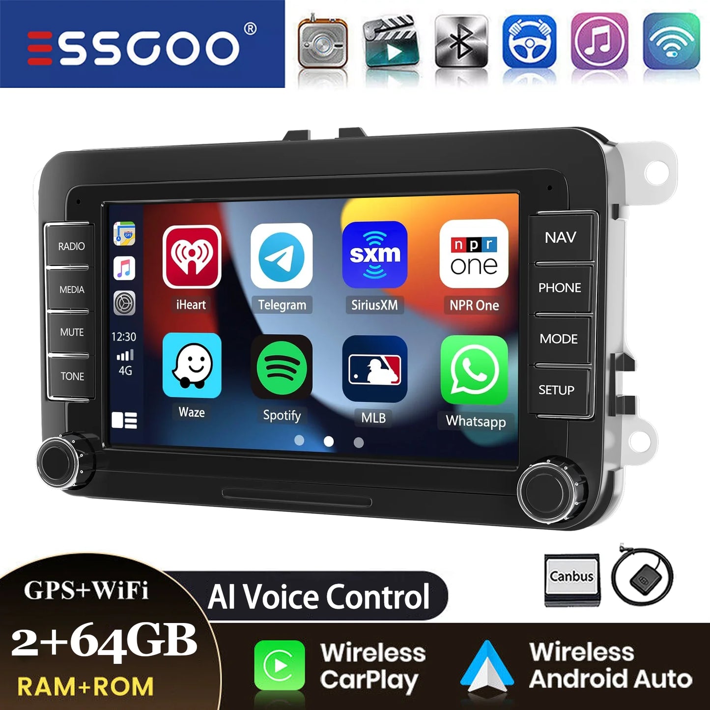 ESSGOO 7" Android14 Carplay Car Stereo GPS NAV RDS FM BT for VW Golf 5 6 Passat Polo 6R Touran Tiguan Caddy EOS Jetta Seat Skoda