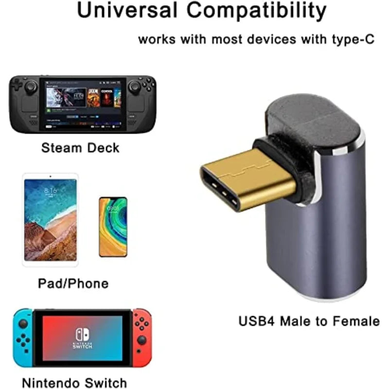90° USB-C Right Angle Adapter – 40Gbps, 100W PD & 8K@60Hz Video (Male to Female)