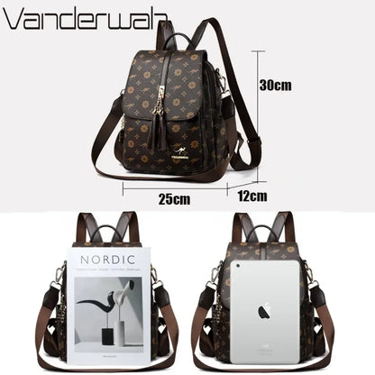 Luxury Designer Leather Women’s Backpack with Tassels – Large Capacity Fashion School Bag