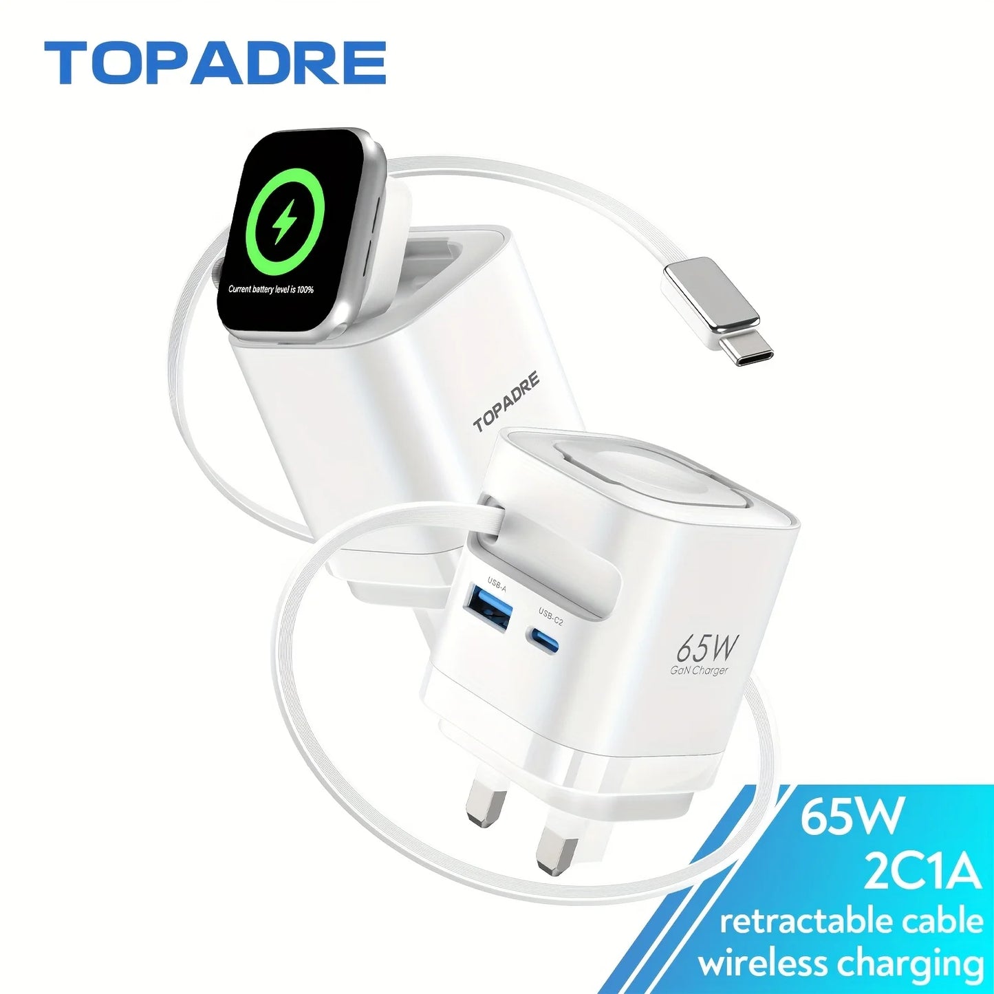 TITLE: TOPADRE 65W Retractable Wireless Charger – Apple Watch, iPhone, iPad & MacBook Foldable Charger