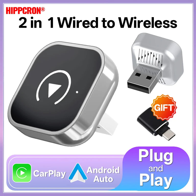 Hippcron 2in1 Wireless CarPlay Android Auto Mini Box Plug&Play Automatic Connection Compatible Bluetooth OTA Wifi For Car Radio