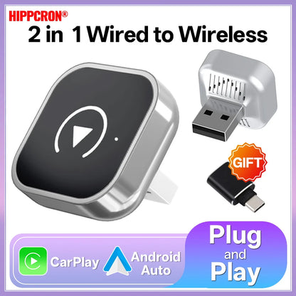 Hippcron 2in1 Wireless CarPlay Android Auto Mini Box Plug&Play Automatic Connection Compatible Bluetooth OTA Wifi For Car Radio