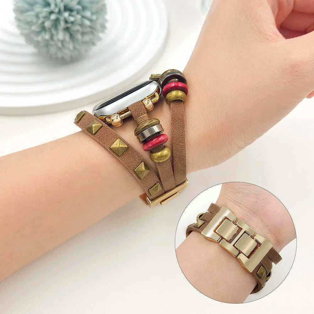 Retro Leather Metal Bracelet Strap for Apple Watch — Ultra/Series 10/9/SE/7/6/5/4 · 49/46/45/44/42/41/40mm