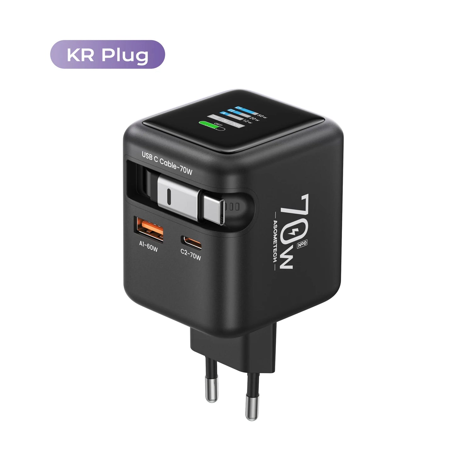 70W GaN 3-in-1 Fast Charger with Retractable USB-C Cable – PD3.0 QC4.0 for iPhone, Xiaomi & Laptop