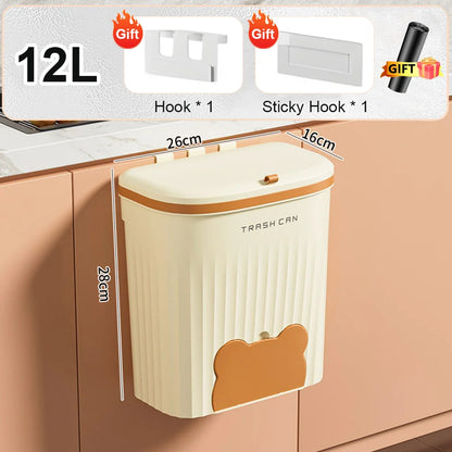 Wall Mounted Trash Can with Lid – 8.5/12L Kitchen & Bathroom Cabinet Bin