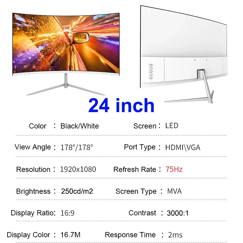 24” Curved Gaming Monitor – FHD 1080P 75Hz VA Display (3000R, 2ms, HDMI/VGA, VESA)