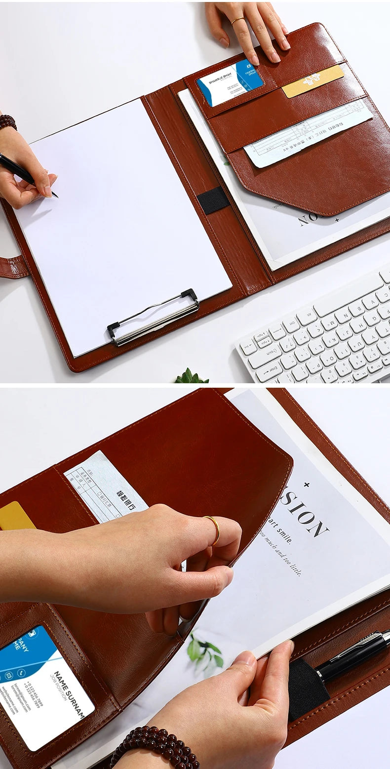 A4 PU Leather Folder Organizer – Multi-Functional Business Portfolio with Pen Holder & Card Slots