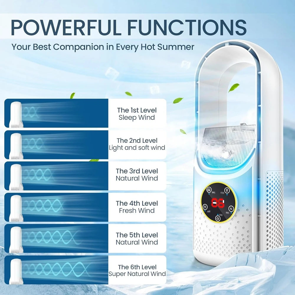 New Portable Mini Air Conditioner, USB Bladeless Cooling Fan, 6 Speed Silent Timed Air Cooler for Home Office