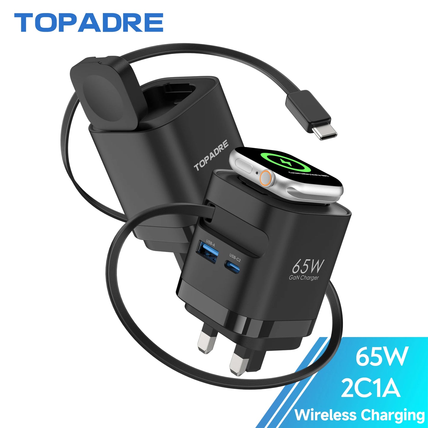 TITLE: TOPADRE 65W Retractable Wireless Charger – Apple Watch, iPhone, iPad & MacBook Foldable Charger