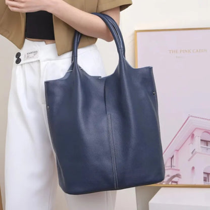 Genuine Leather Bucket Tote Bag – Luxury Cowhide Shoulder Shopper for Women