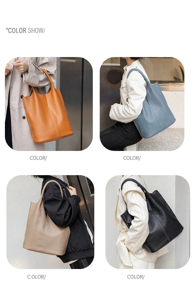 Genuine Leather Bucket Tote Bag – Luxury Cowhide Shoulder Shopper for Women