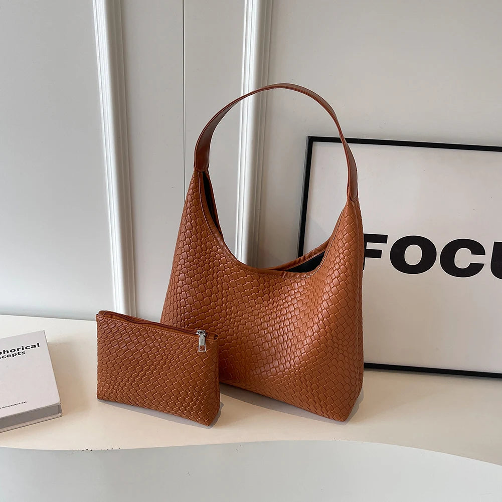 Stylish Women Large Shoulder Bag with Pouch Trendy PU Woven Tote Satchel Bag for Everyday Use and Shopping