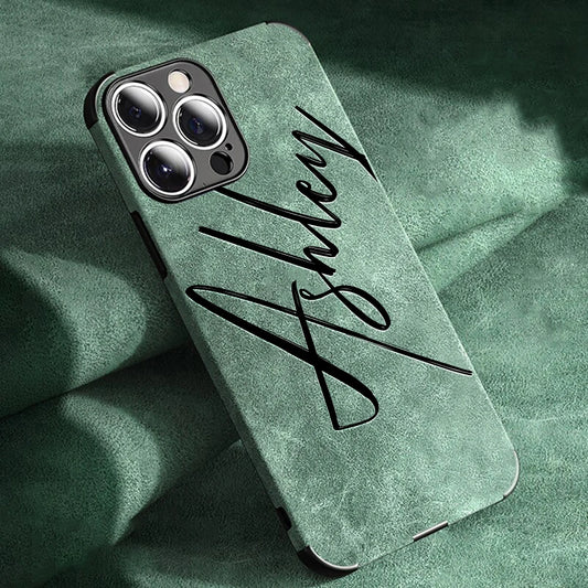 Large Brush Calligraphy Name Customized Phone Case For iPhone 16 15 14 13 12 11 Pro Max Lambskin Faux Leather Shockproof Cover