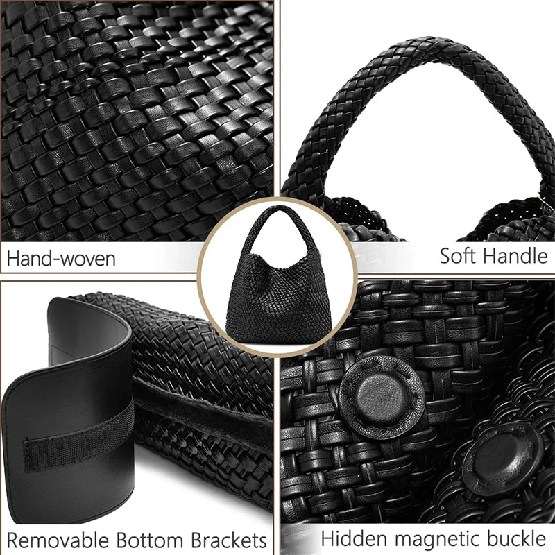 Woven Tote Bag for Women – Large Soft Leather Shoulder Bag with Purse