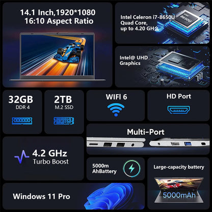 14.1" HD Laptop Intel  i7-8650U 32GB RAM 512GB 2TB SSD 5000mAh Battery Windows 11 Pro WiFi 6 Ultra Thin Business Gaming Notebook