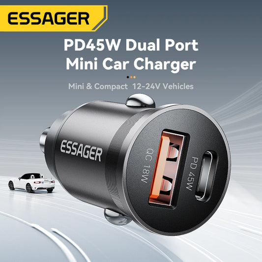 Essager 45W Car Charger Fast Charging Dual Port  PD QC3.0 Type-C Quick Charger for iPhone 16 15 14 Samsung Xiaomi Huawei Oppo