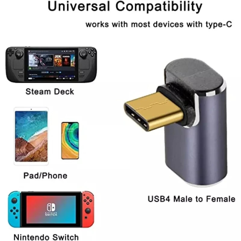 90° USB-C Right Angle Adapter – 40Gbps, 100W PD & 8K@60Hz Video (Male to Female)