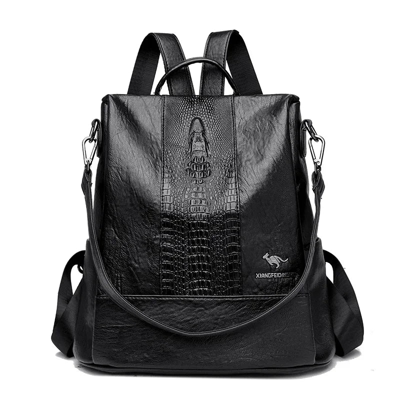 Women’s Crocodile Pattern Leather Backpack – Large Capacity Designer School & Travel Bag