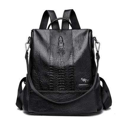 Women’s Crocodile Pattern Leather Backpack – Large Capacity Designer School & Travel Bag