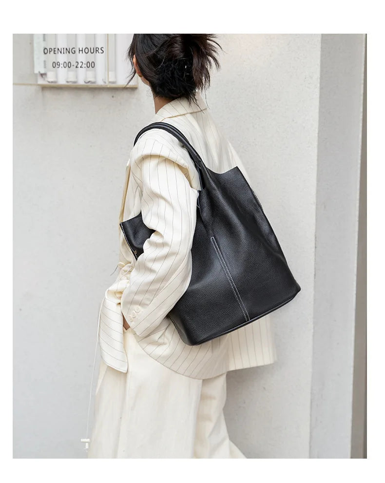 Genuine Leather Bucket Tote Bag – Luxury Cowhide Shoulder Shopper for Women