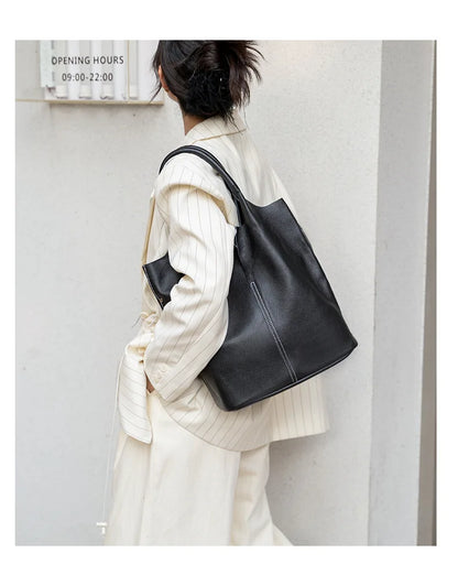 Genuine Leather Bucket Tote Bag – Luxury Cowhide Shoulder Shopper for Women