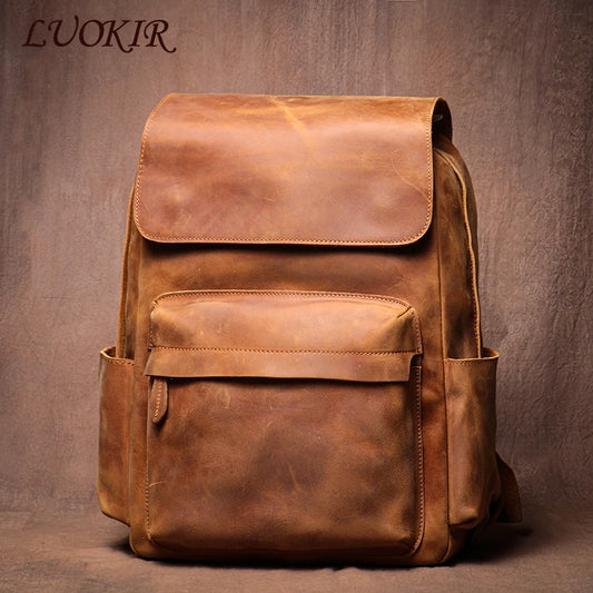 LUOKIR Genuine Leather Vintage Laptop Backpack