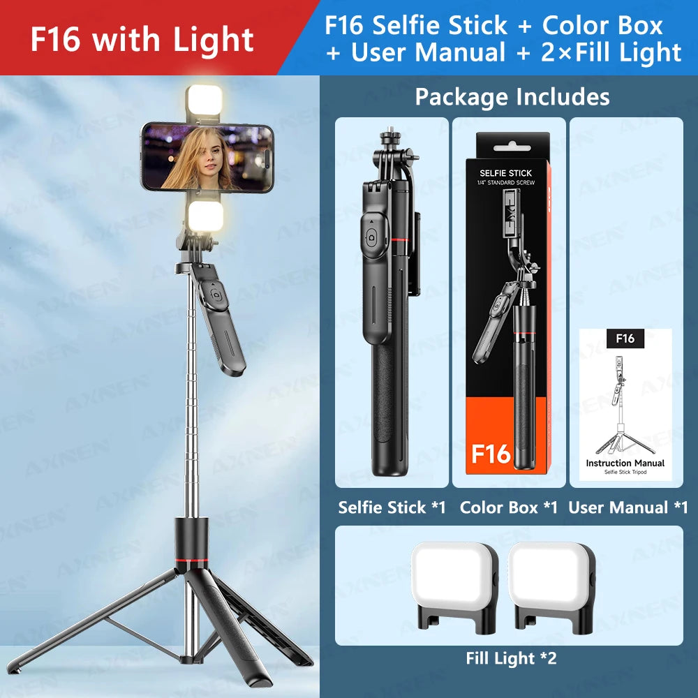 F16 Selfie Stick Tripod – 170cm Extendable with Bluetooth Remote & 360° Rotation