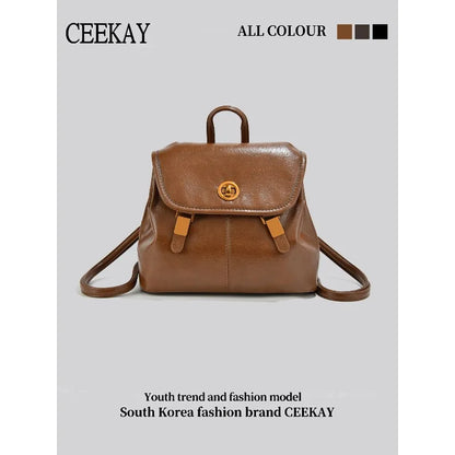 CEEKAY Korean Style Leather Women’s Backpack – Retro Travel & School Bag with Turn Lock Design