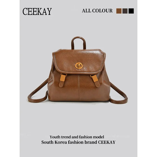 CEEKAY Korean Style Leather Women’s Backpack – Retro Travel & School Bag with Turn Lock Design