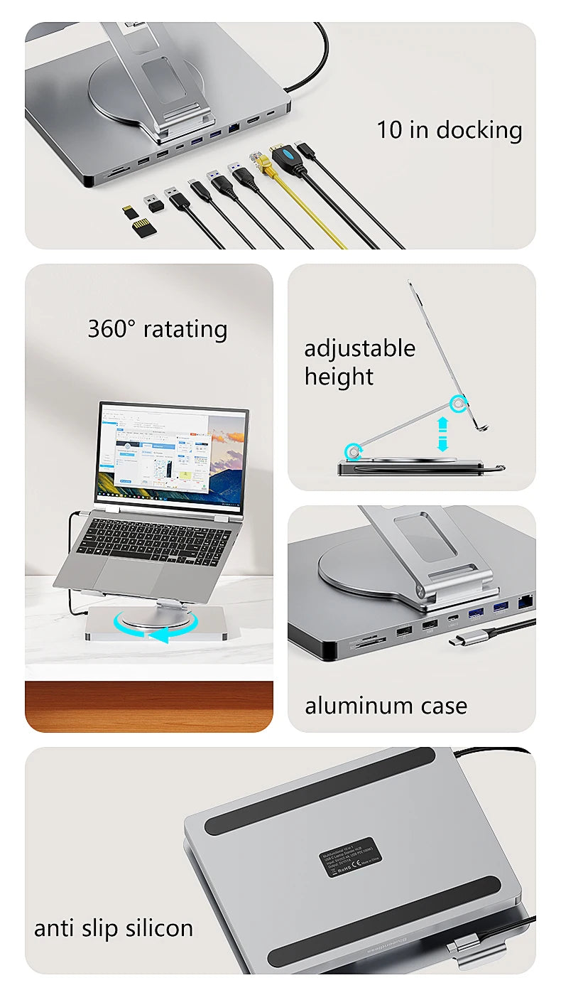 Blueendless 10-in-1 USB-C Hub & iPad Holder – 4K 60Hz Docking Station with 100W PD Charging