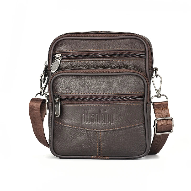 Men’s Genuine Leather Crossbody Bag – Retro Business Messenger Bag with Zipper Pockets