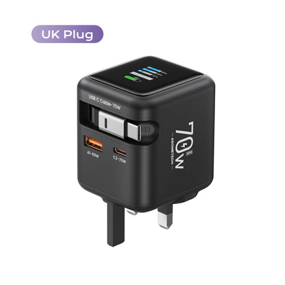 70W GaN 3-in-1 Fast Charger with Retractable USB-C Cable – PD3.0 QC4.0 for iPhone, Xiaomi & Laptop