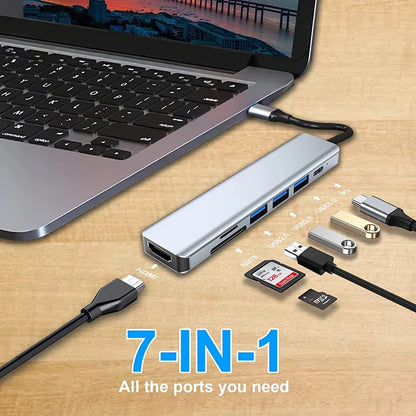 USB-C Hub Adapter – 4K HDMI, SD/TF Card Reader, USB 3.0 & Charging Dock for MacBook & Devices