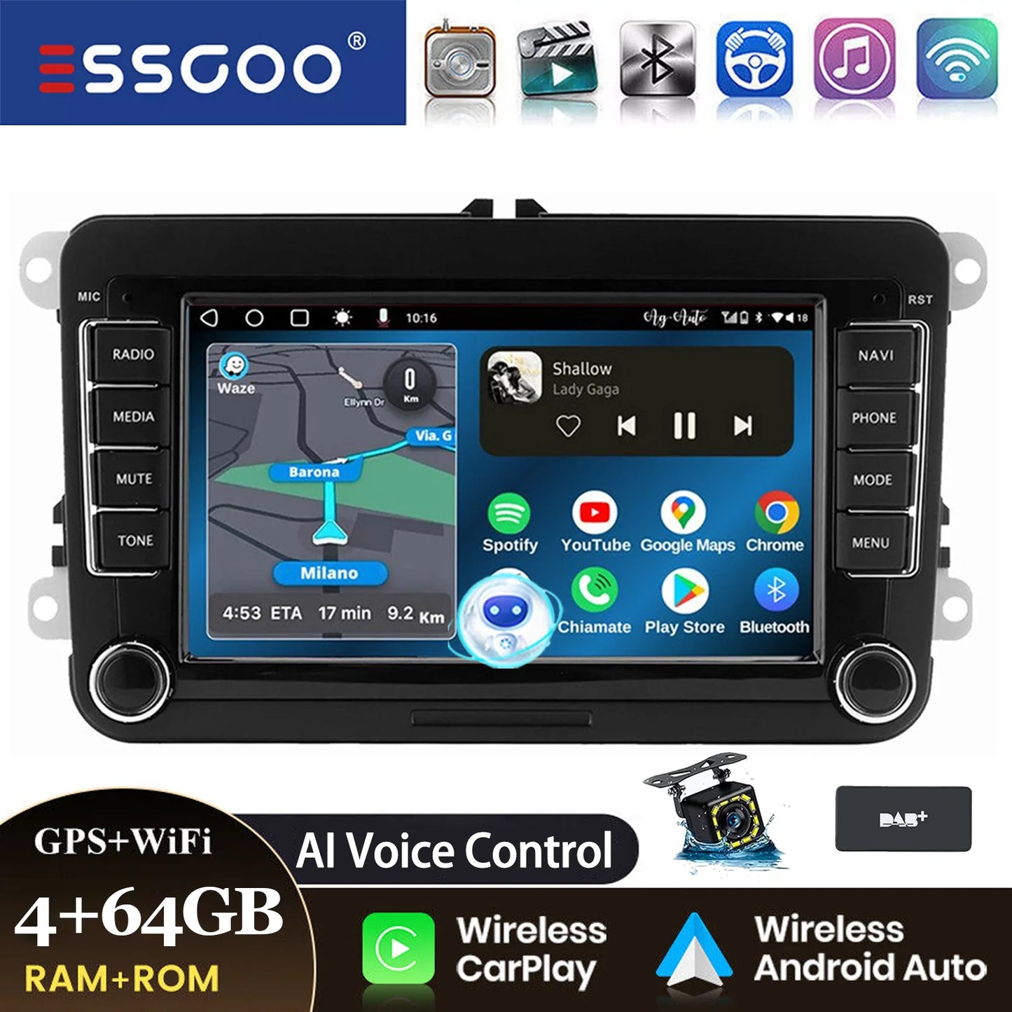 ESSGOO 7" Android14 Carplay Car Stereo GPS NAV RDS FM BT for VW Golf 5 6 Passat Polo 6R Touran Tiguan Caddy EOS Jetta Seat Skoda
