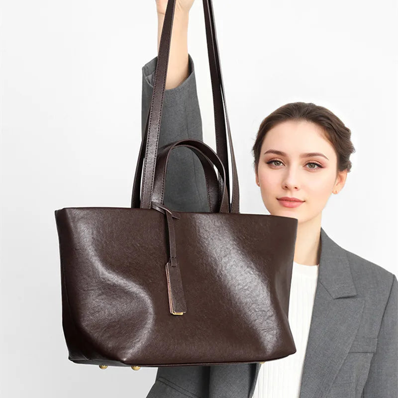 Genuine Leather Women’s Tote Bag – Vintage Luxury Large Capacity Shoulder Handbag