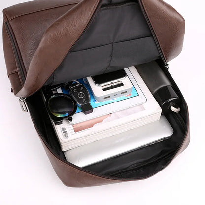 Men's Casual Leather Backpack Waterproof Travel Bag Business Commuting Style 14 Inch Laptop Capacity PU Leather Backpack